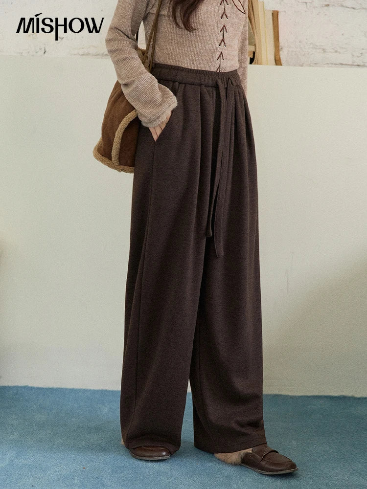 MISHOW Brown Wide-Leg Pants Thickened Drawstring Waistband MXE87K1126