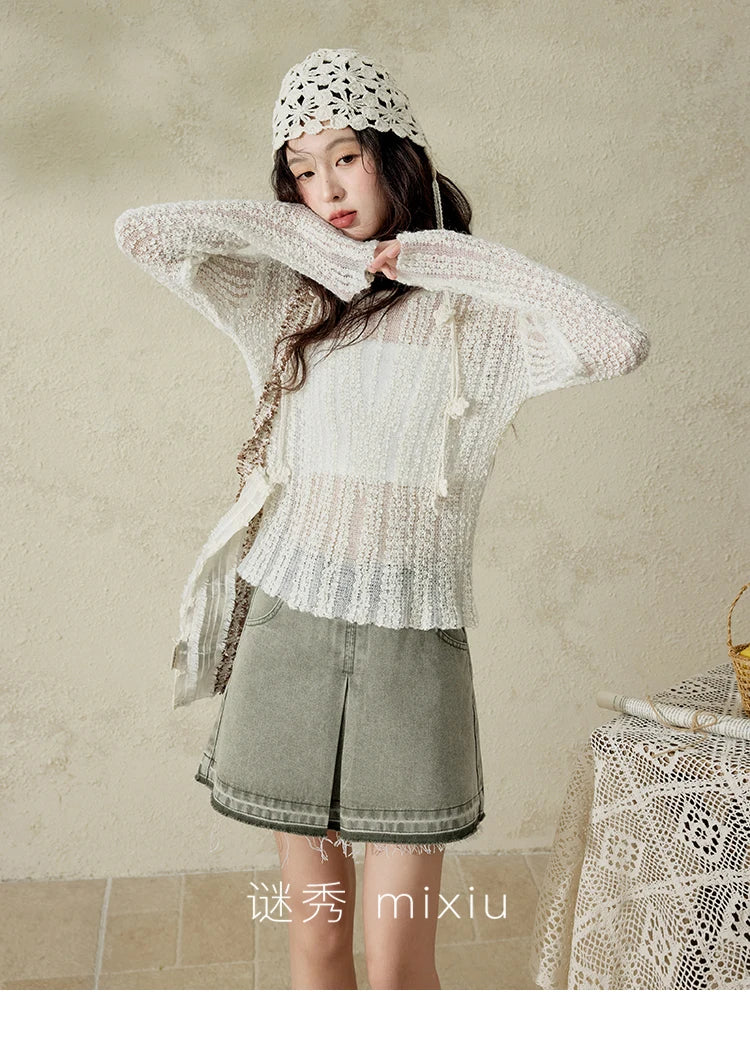 Mishow Apricot White Hollow Mohair Drop Sleeve Top MXE12Z1120