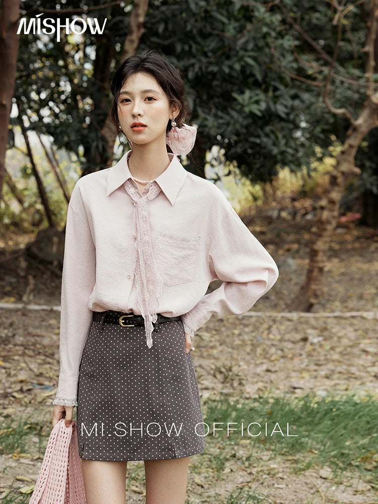 MISHOW Lace Trim Blouse Turn-Down Collar MXE16C0760