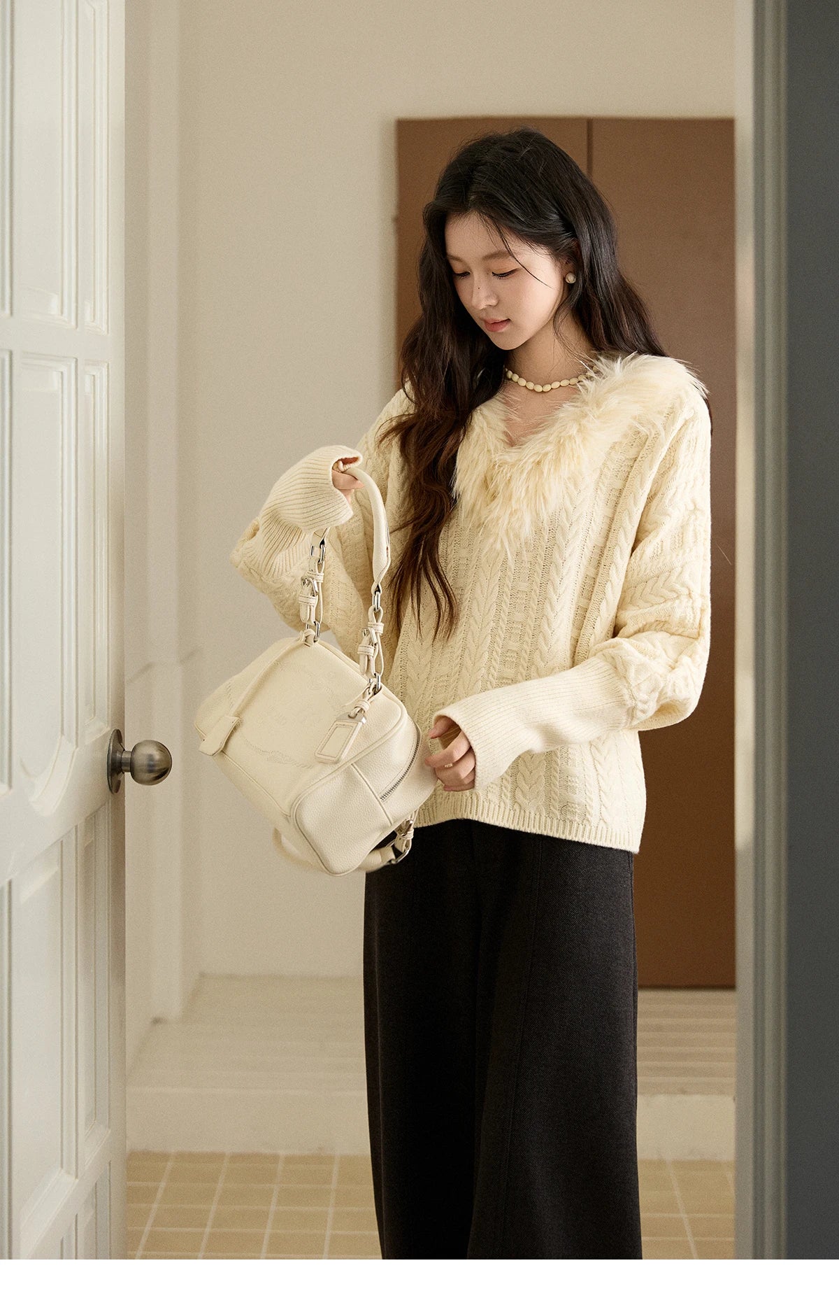 Mishow Faux Fur Collar Batwing Cable Knit Pullover MXE94Z2985