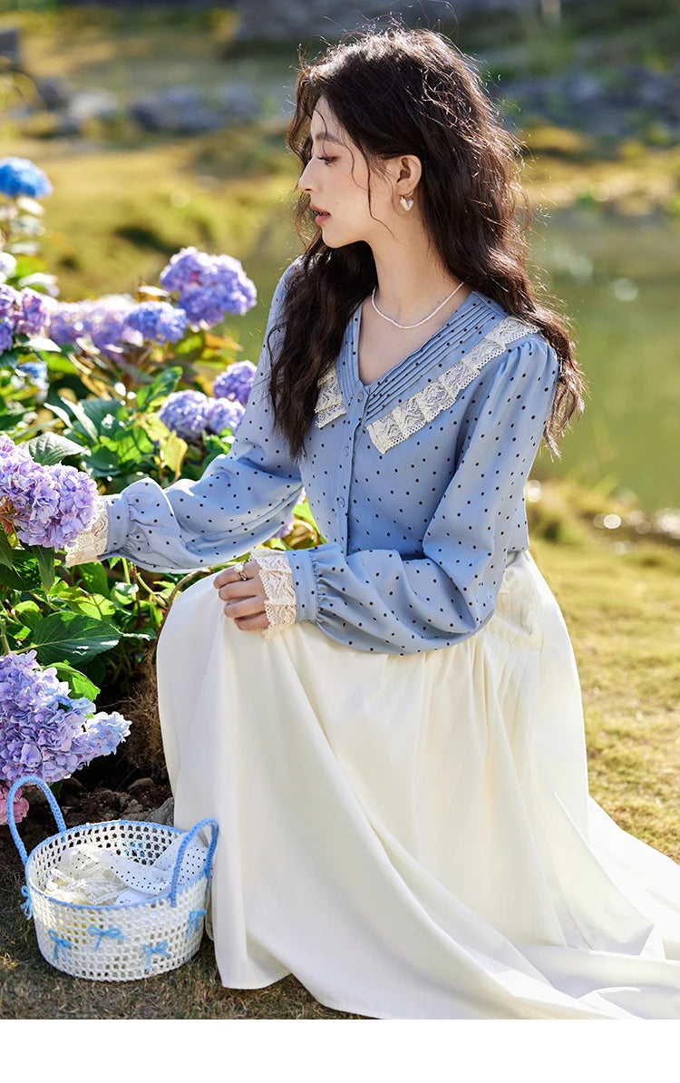 MISHOW Lace Patchwork Polka Dot Shirt V-Neck Hollow Out MXE12X1707