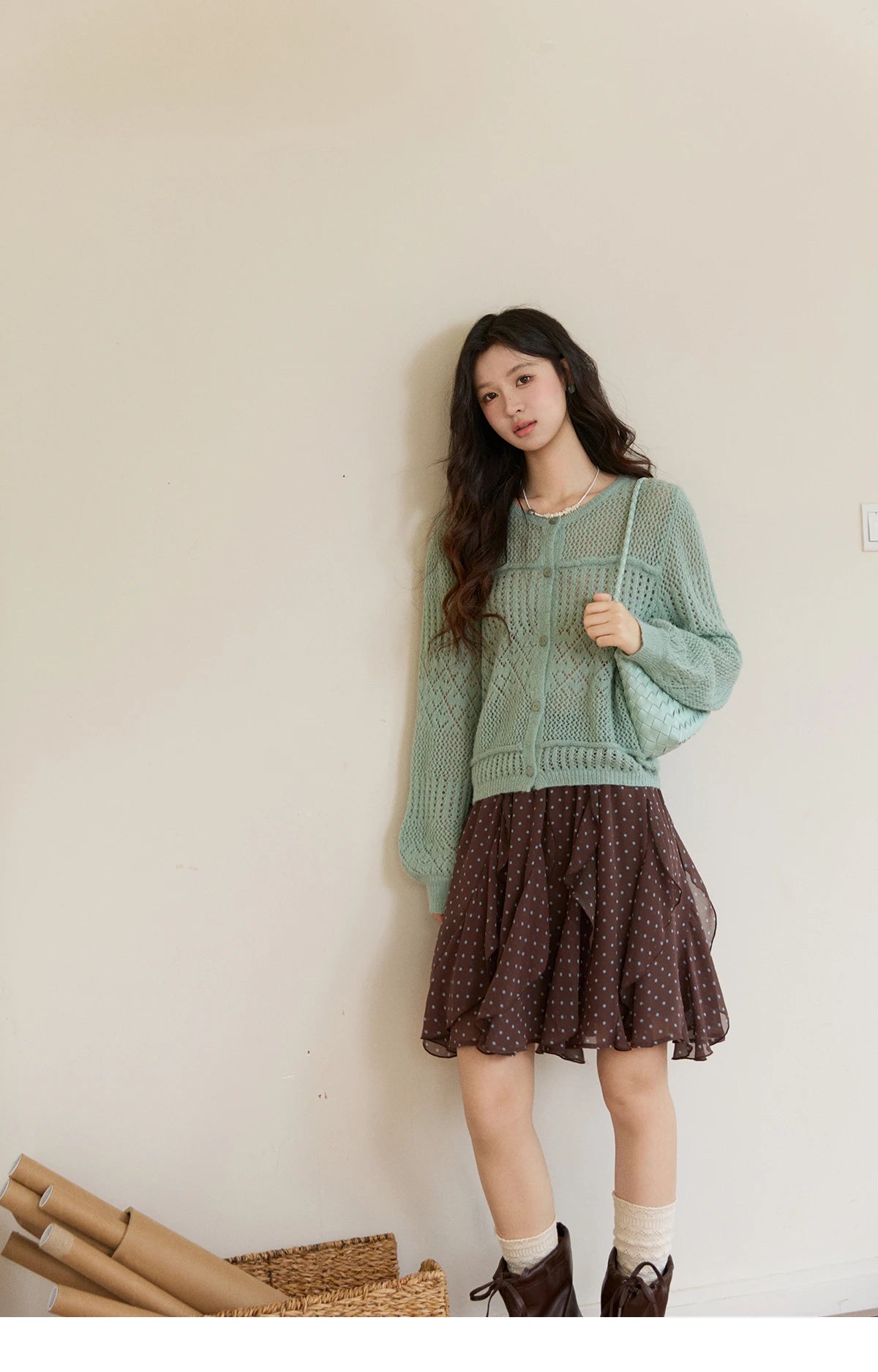 Mishow Mint Green Crew Neck Hollow Cardigan MXF108Z1046