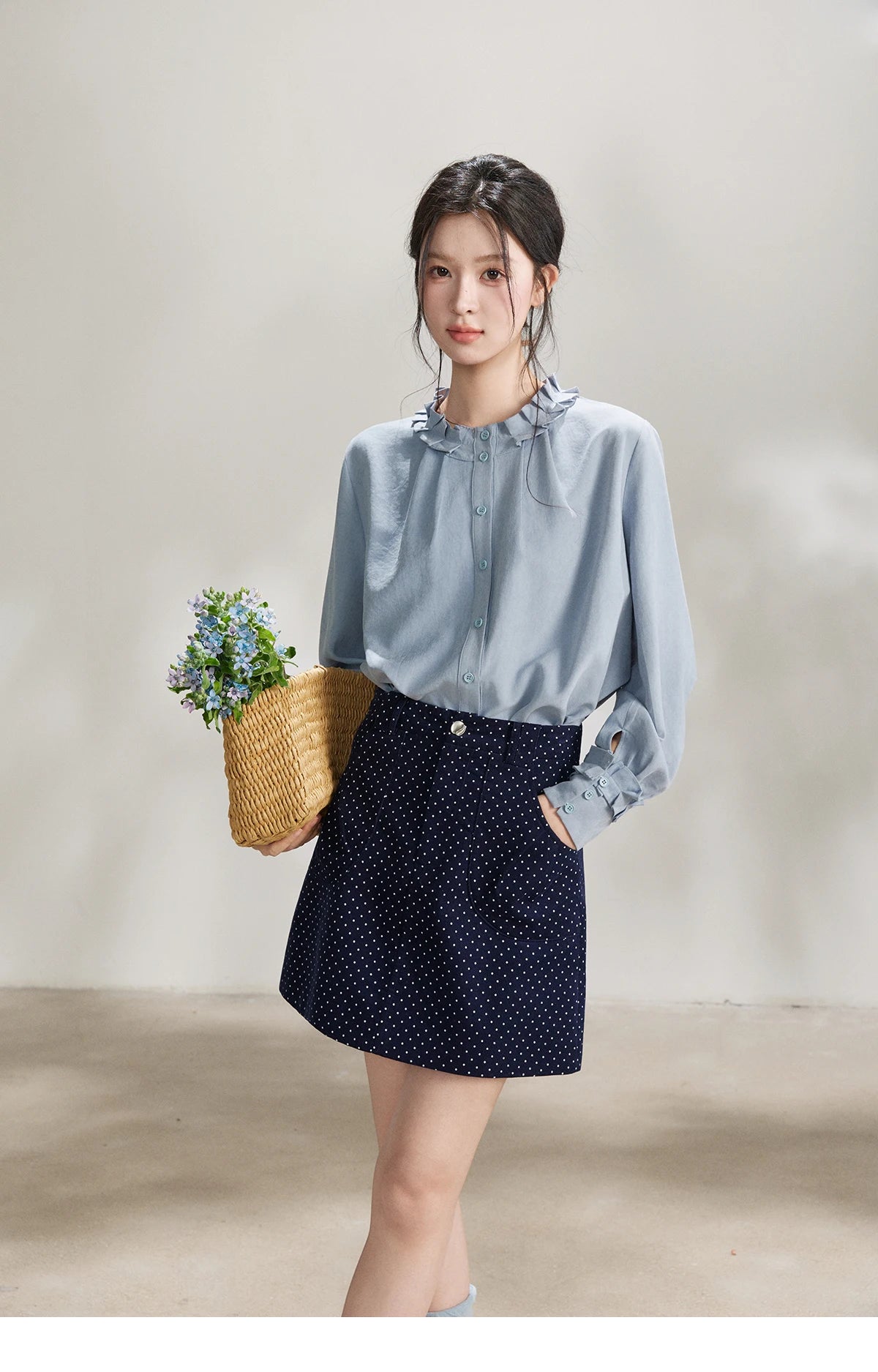 MISHOW Peach Skin Solid Shirt Ruffled Crew Neck MXF11C2431