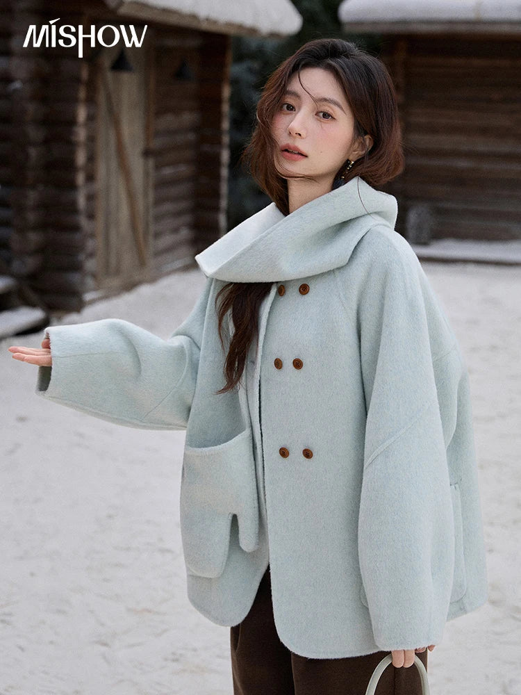 Mishow 100% Wool Mint Green Double-Faced Coat with Scarf & Gloves MXE92W1014
