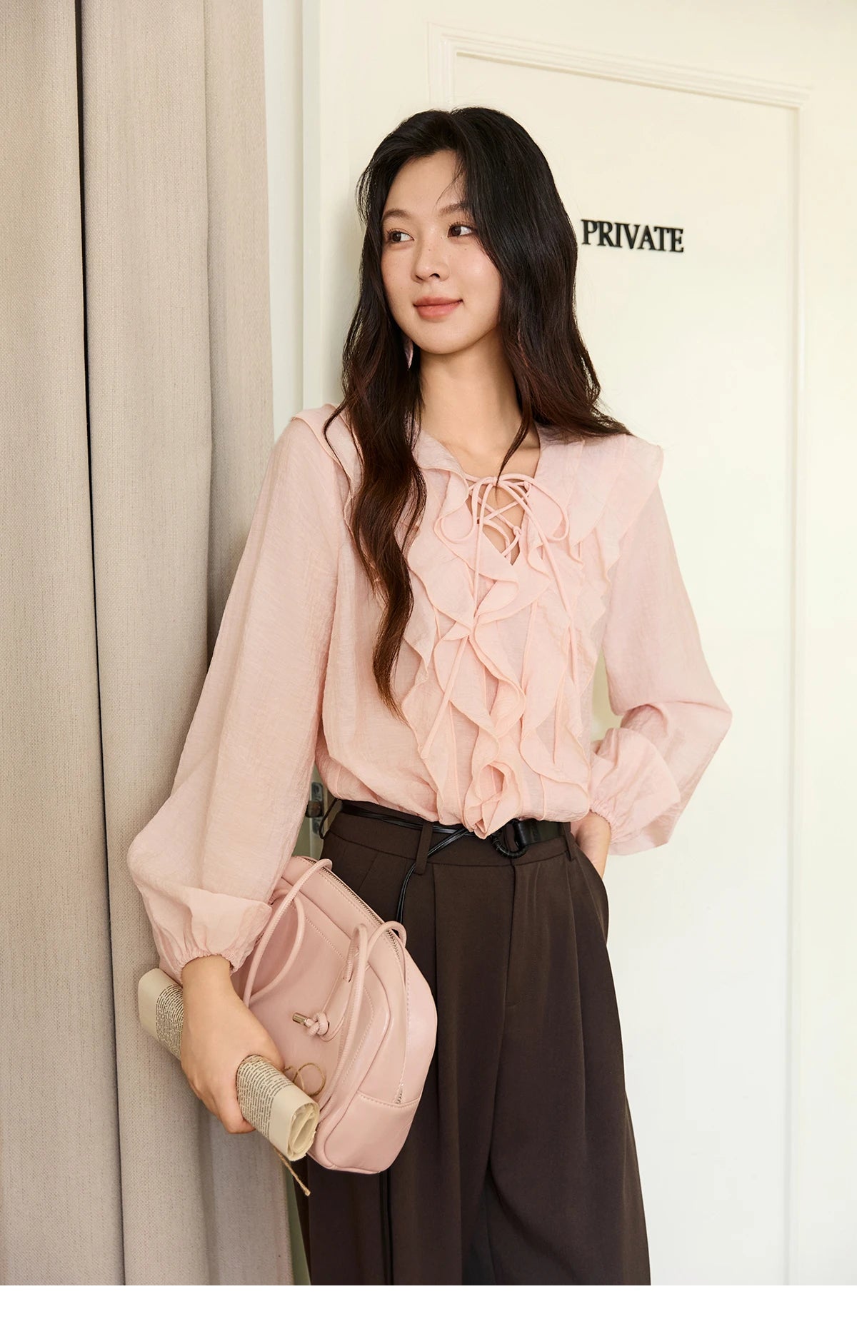 MISHOW Pink Ruffled Blouse V-Neck Lace Up Lantern Sleeve MXE49X2504