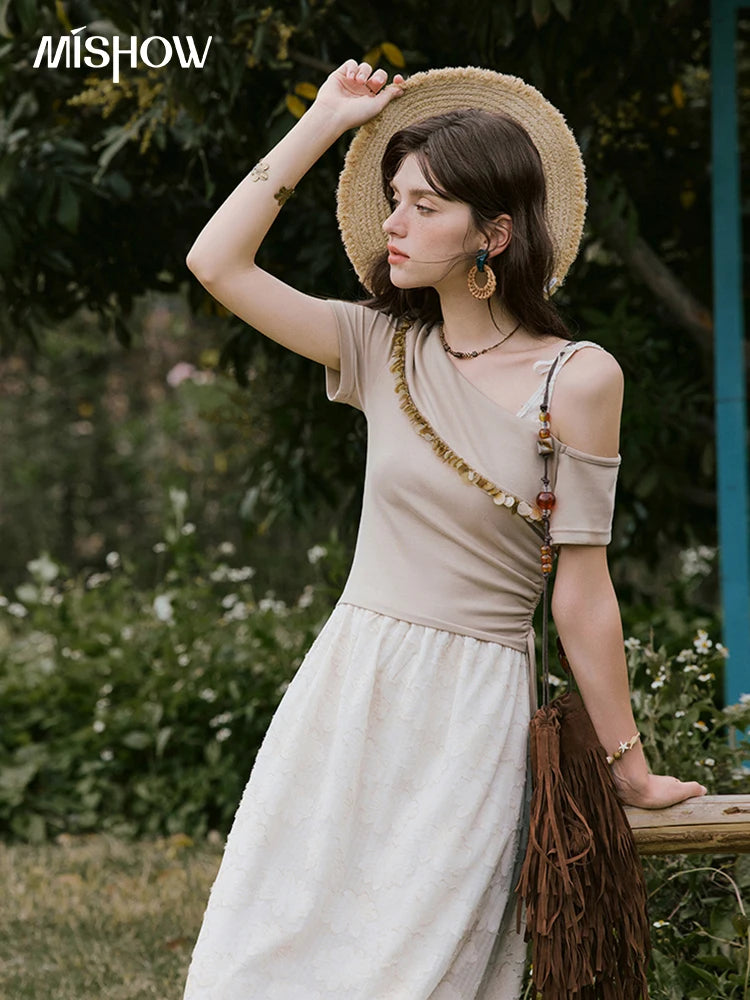 Mishow Off-Shoulder Knitted Patchwork Midi Dress MXE33L2207