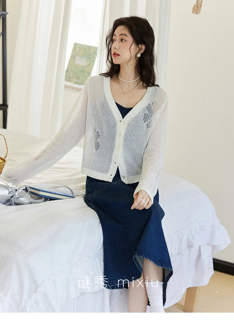 Mishow Denim Camisole Hollowed Out Lace Edge Dress MXE13L2094