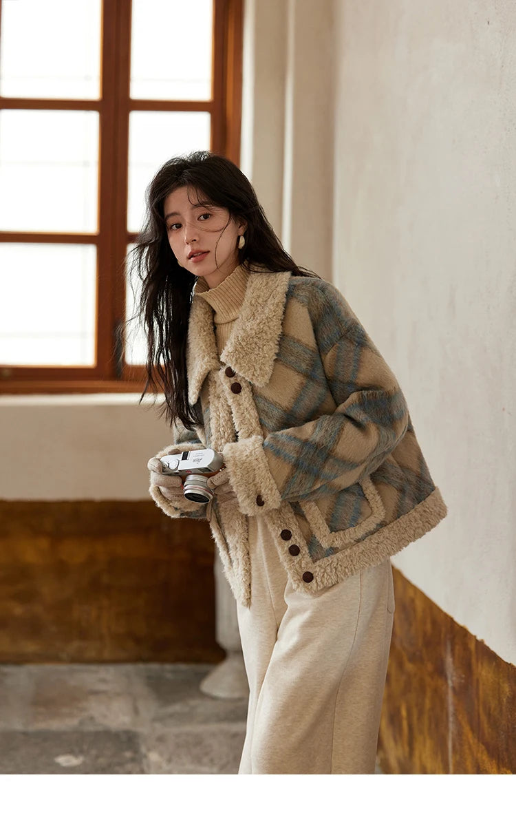 MISHOW Splicing Fleece Plaid Tweed Jacket Turn Down Collar MXD55W0574