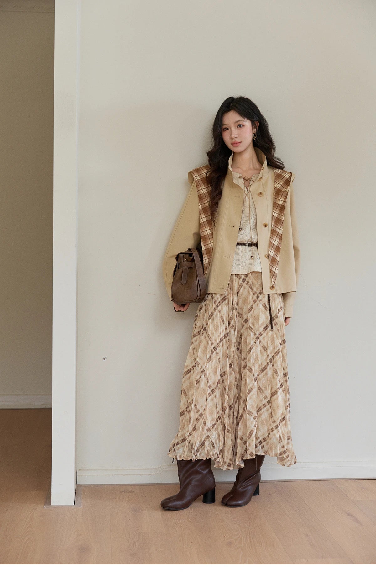 Mishow Beige V-Neck Lace-Up Cable Knit Sweater MXF108Z1029