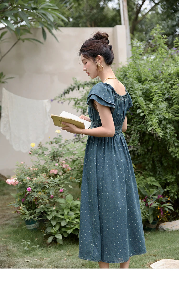 Mishow Polka Dot Flying Sleeve Lace-Up Denim Dress MXD30L2022