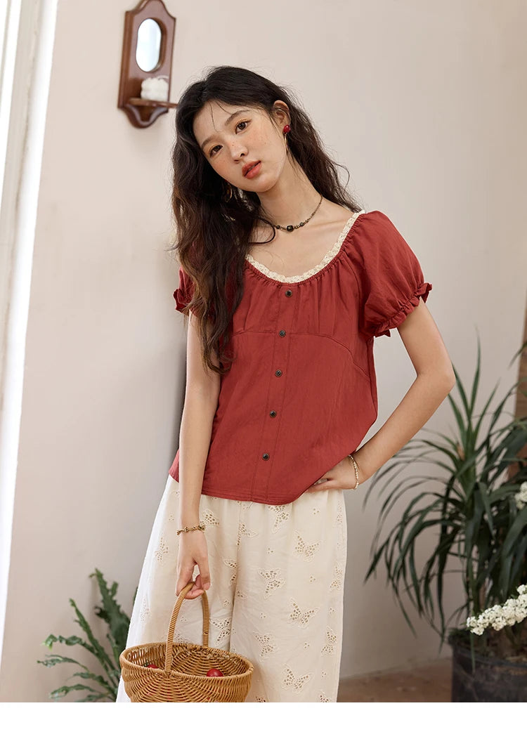 MISHOW Short Puff Sleeve Blouse Lace Collar Slimming MXE35X1827