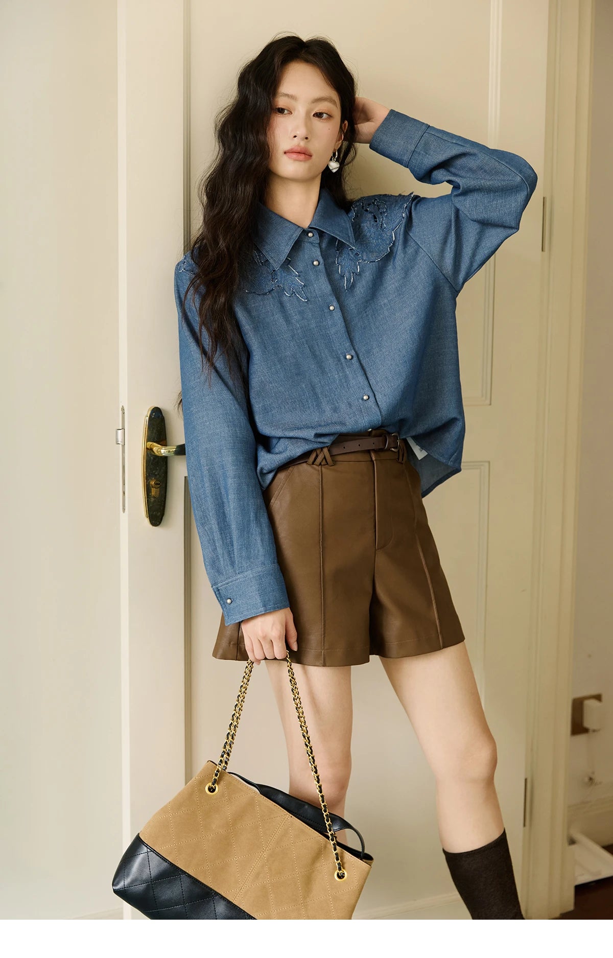 MISHOW Blue Shirt Hollowed Out Patchwork Embroidery Imitation Denim MXE46C2410
