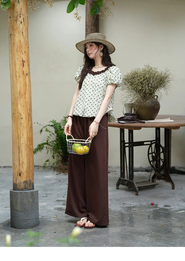 Mishow Polka Dot Puff Sleeve Top & Wide Leg Pants Set MXE39T0657