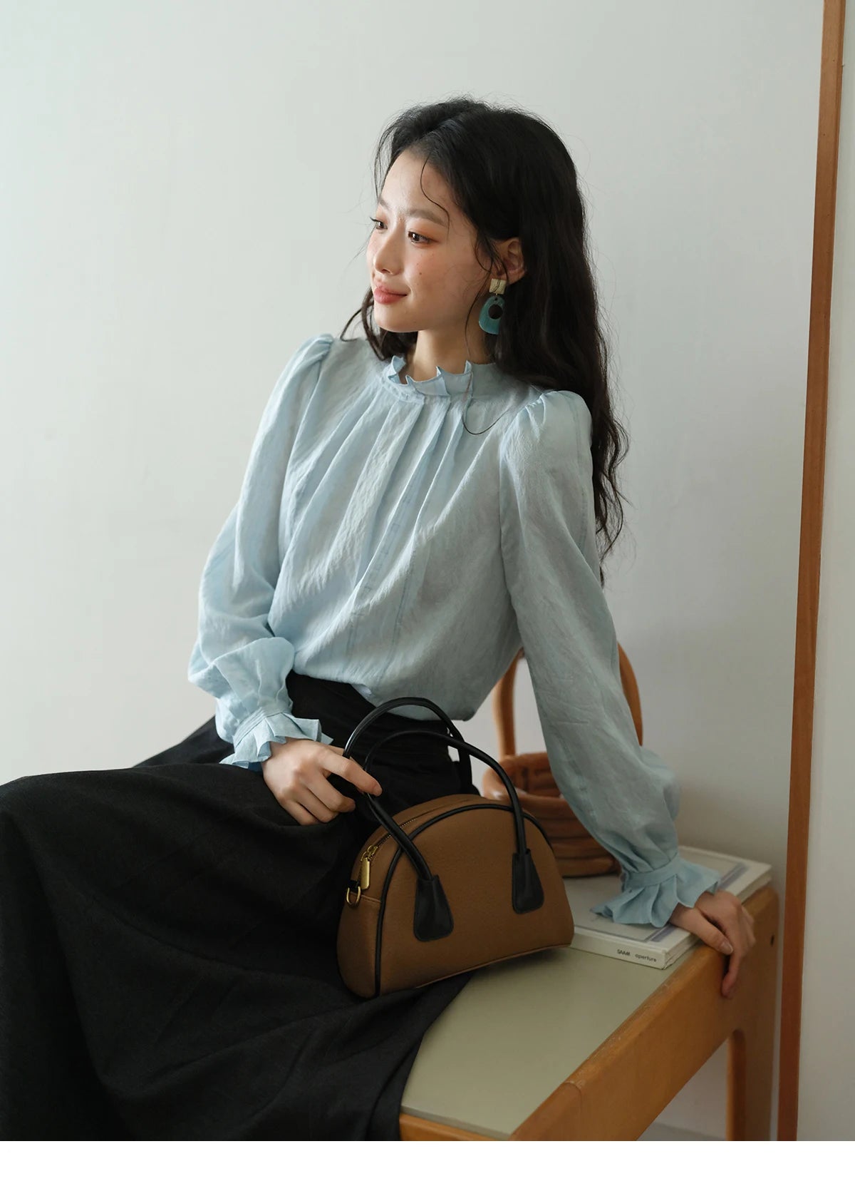 MISHOW Blue Jacquard Blouse Stand Collar Bubble Sleeves MXE41X1934