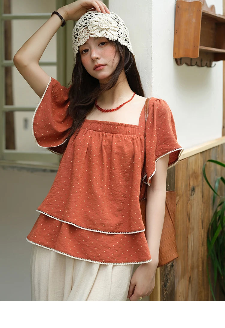 MISHOW Polka Dot Blouse Square Neck Lace Spliced Ruffled MXE37X1857