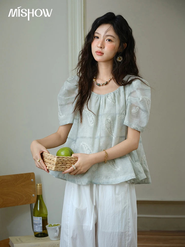 MISHOW O-Neck Print Blouse Embroidery Puff Sleeve Loose MXE34X1807