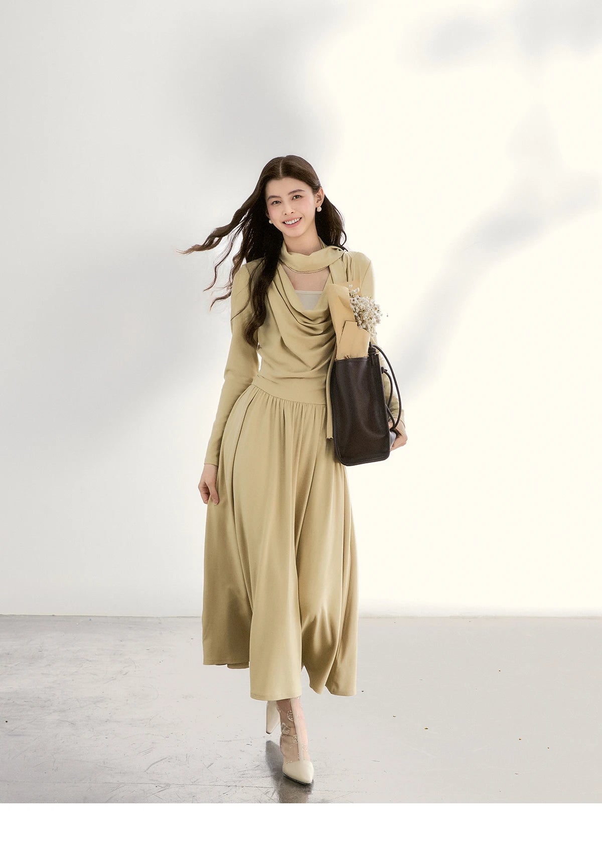 Mishow Khaki Swinging Collar Scarf Waist Dress MXF11L2552