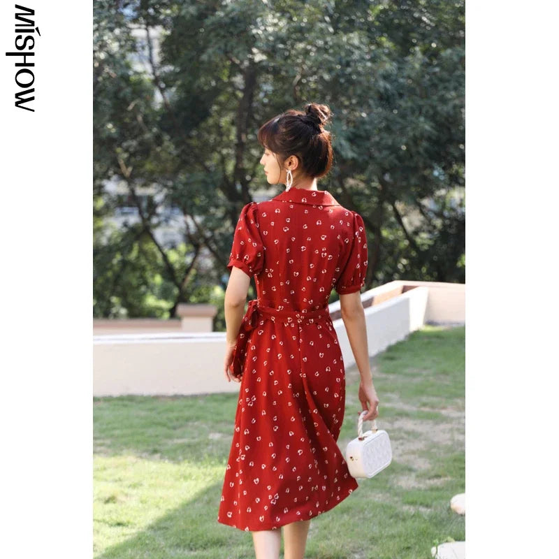 Mishow Red Chiffon V-Neck Floral Midi Dress MXA29L0356