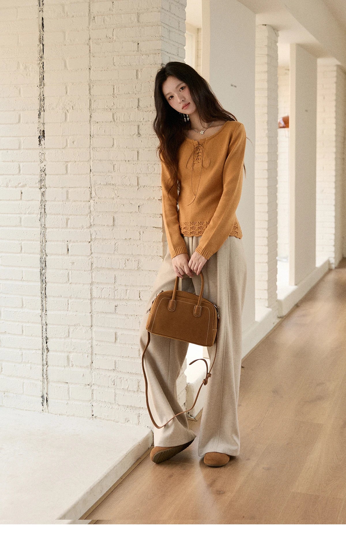 Mishow Beige Contrast French Hem Crochet Sweater MXE89Z2634