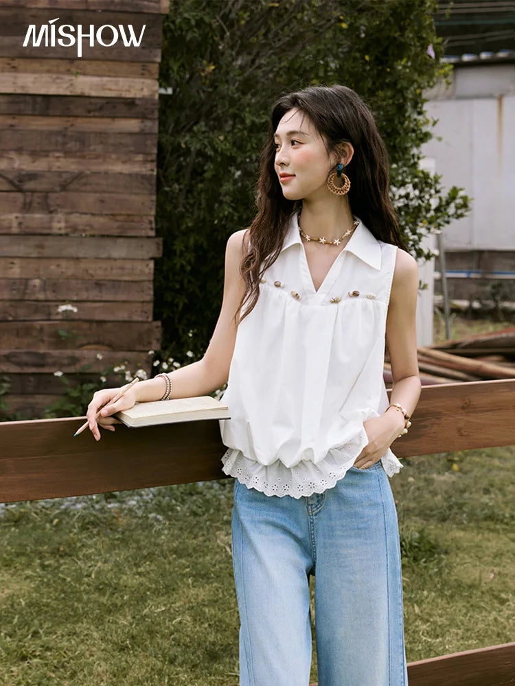 MISHOW Sleeveless Blouse Turn-Down Collar Hollow Lace MXE31X1760