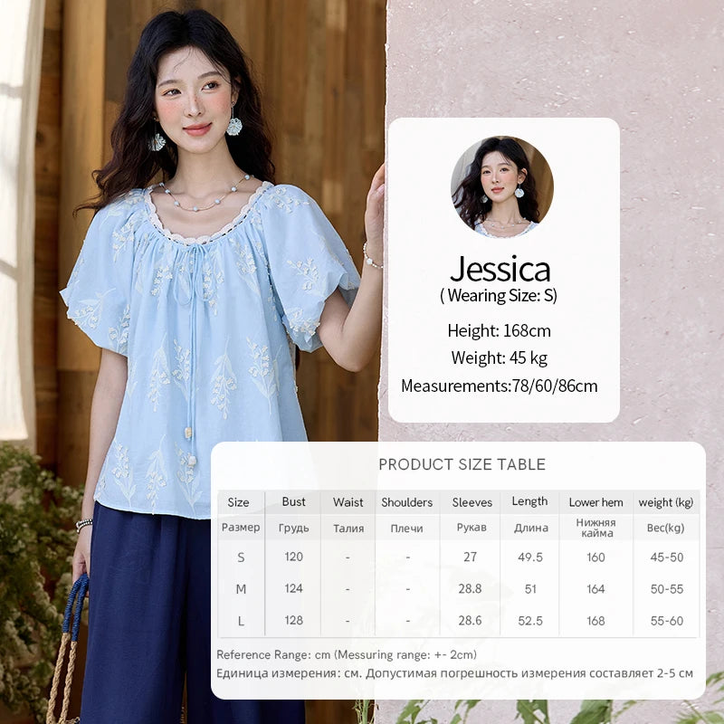 MISHOW Blue Cotton Embroidered Blouse Wave Edged O-Neck MXE35X1791