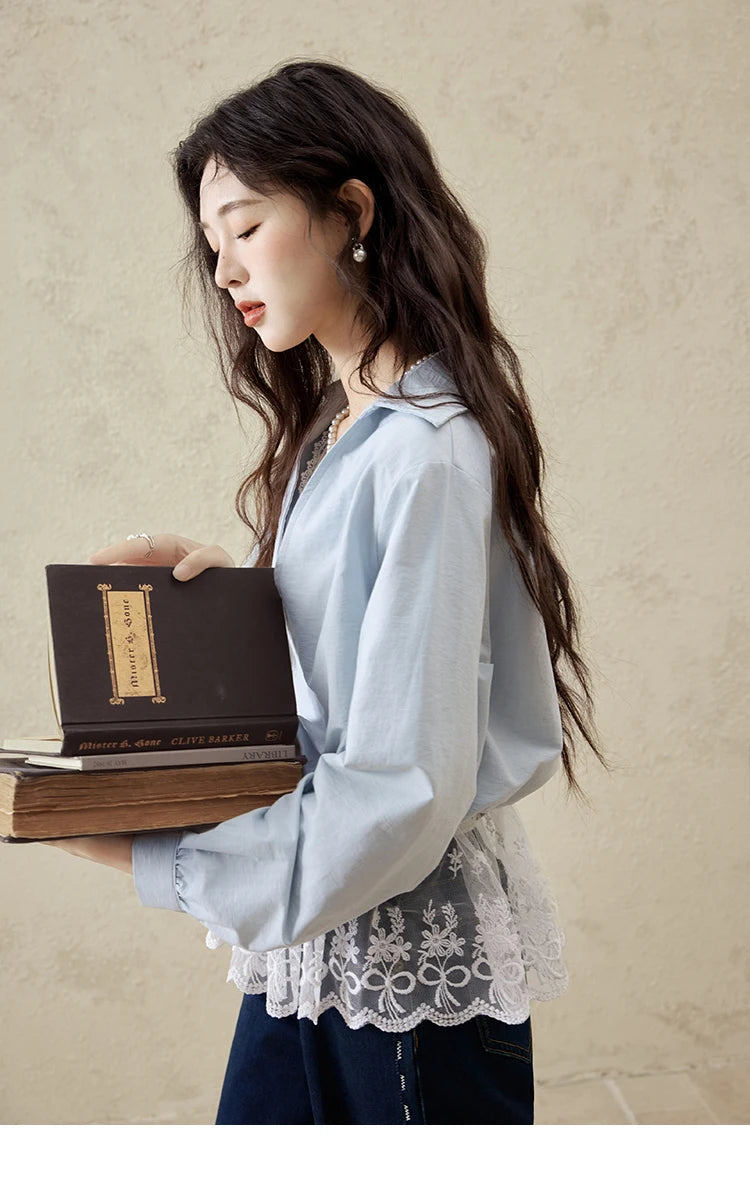 MISHOW French Fake Two-Piece Blouse Turn-Down Collar Lace Splicing MXE16C0783