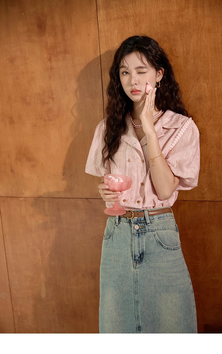 MISHOW Retro Pink Short Sleeve Shirt Ruffled Edge MXD29C0273
