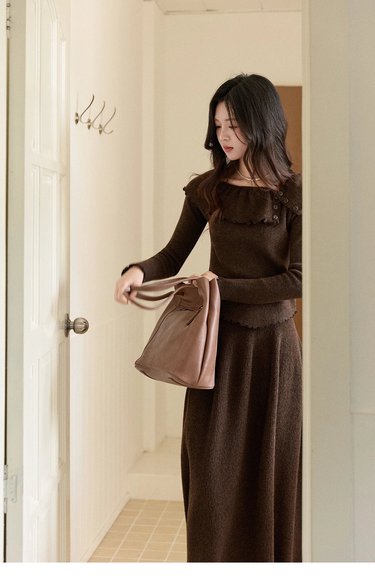 Mishow Coffee Ruffle Boat Neck Top & A-Line Skirt Set MXE93T1455