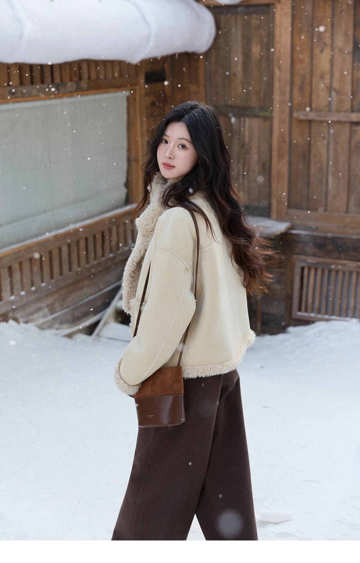 Mishow Cream Yellow Faux Suede Coat with Matching Scarf MXE91W1019