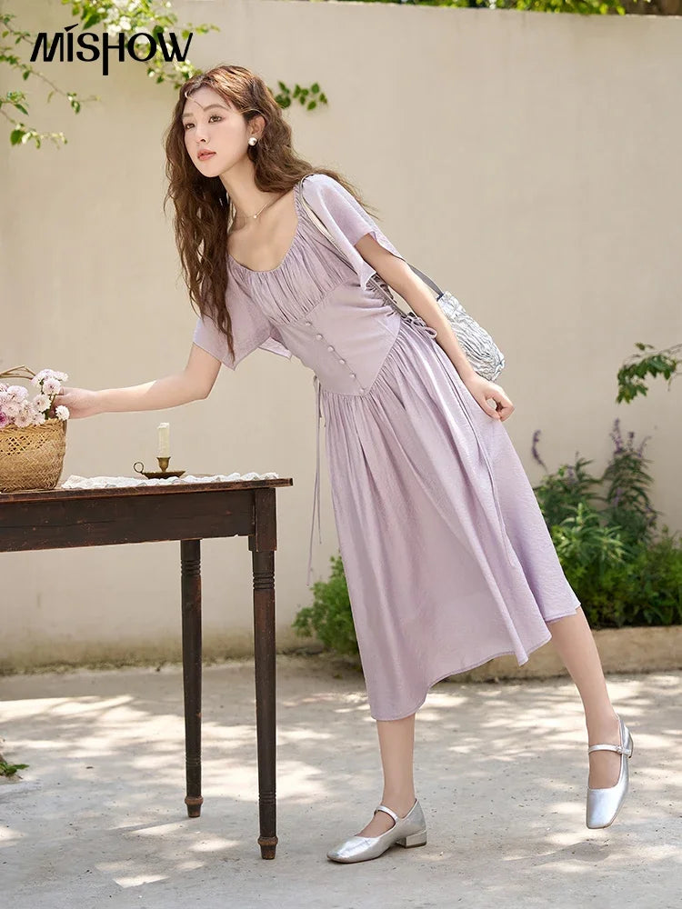 Mishow French Square Collar Butterfly Sleeve Dress MXC38L1407