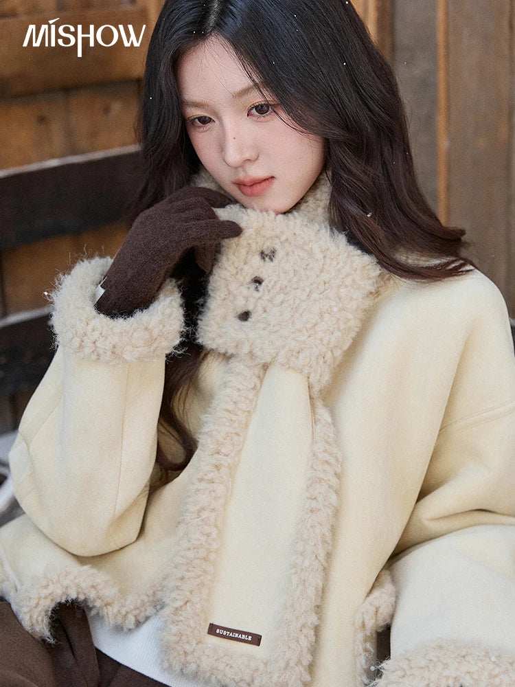 Mishow Cream Yellow Faux Suede Coat with Matching Scarf MXE91W1019