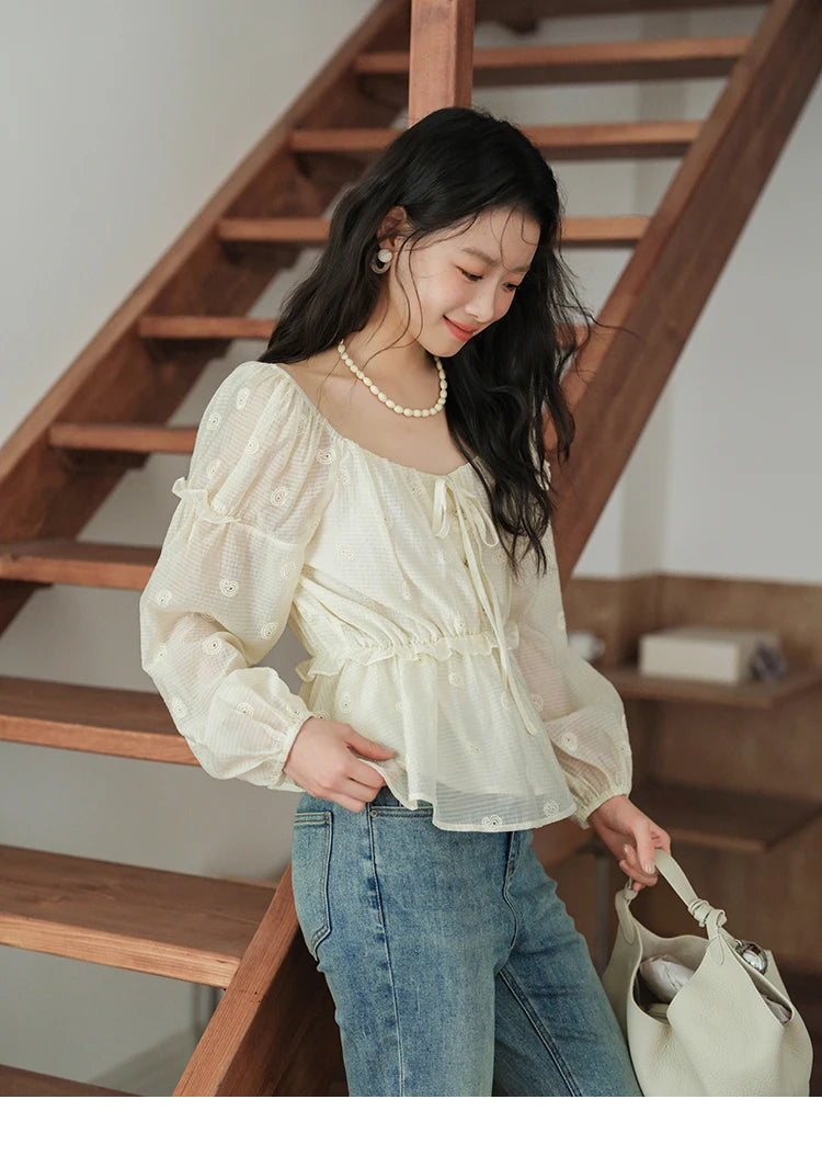 MISHOW Cashew Flower Embroidered Blouse V-Neck Lace Up Puff Sleeve MXE41X1945