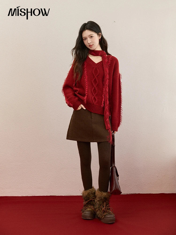 Mishow Burgundy Christmas Mink Fur Tassel Sweater MXE93Z2809