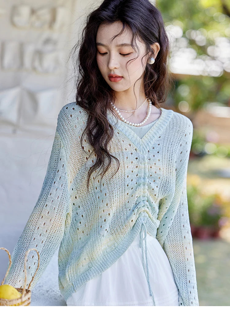 Mishow Gradient Blue Green V-Neck Drawstring Sweater MXE16Z1171