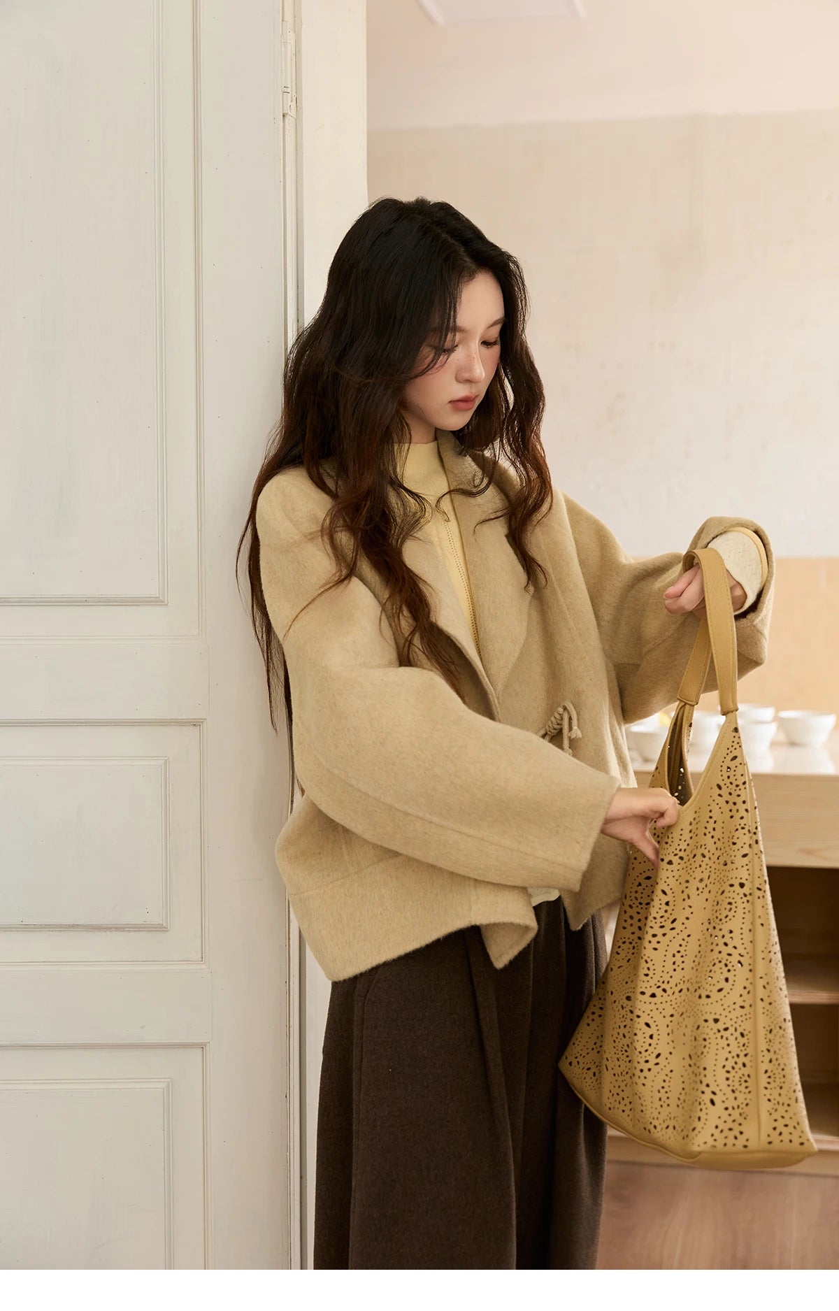 Mishow 100% Wool Retro Apricot Double-Faced Butterfly Button Coat MXE51W0887