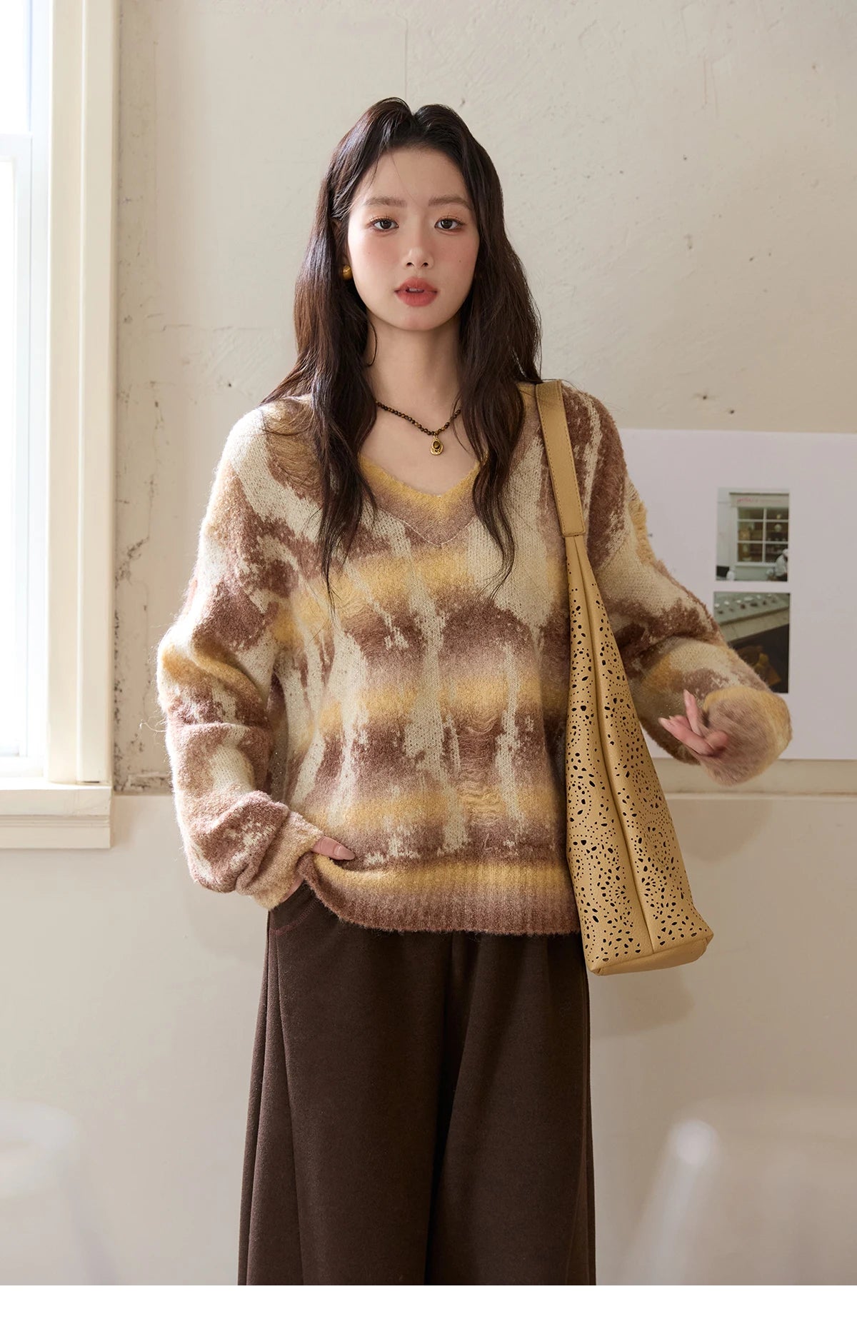 Mishow Yellow Coffee Gradient V-Neck Cable Knit Sweater MXE51Z2627