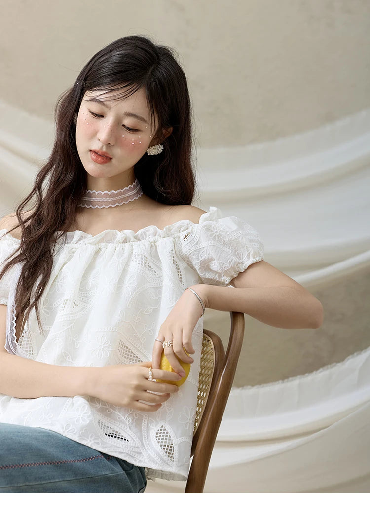 MISHOW Slash Neck Lace Blouse Short Sleeve Solid MXE35X1775