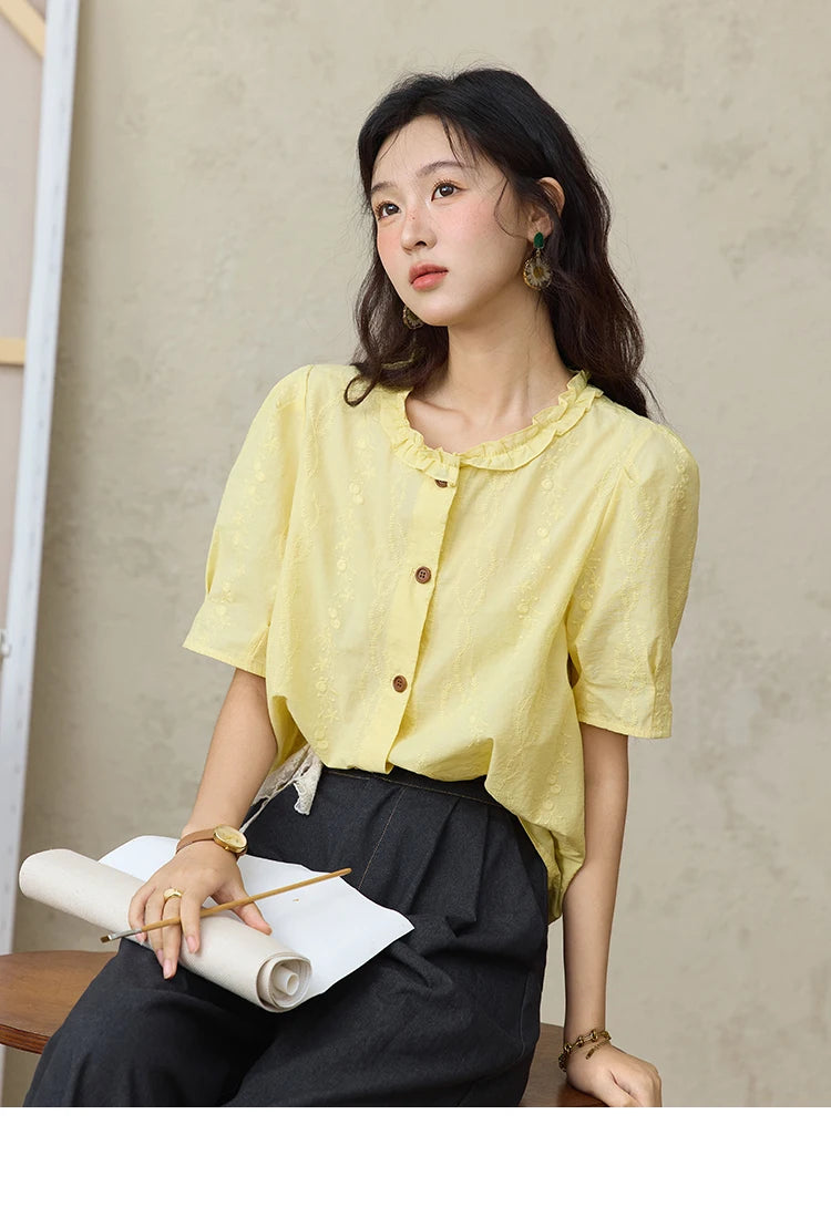 MISHOW 100% Cotton Puff Sleeve Shirt Round Neck Button MXE36X1873