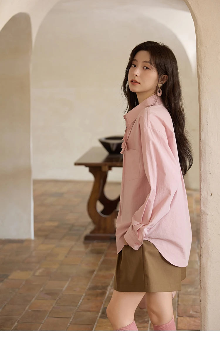 MISHOW Cotton Shirt Petal Ribbon Button Long Sleeve MXE41C2349