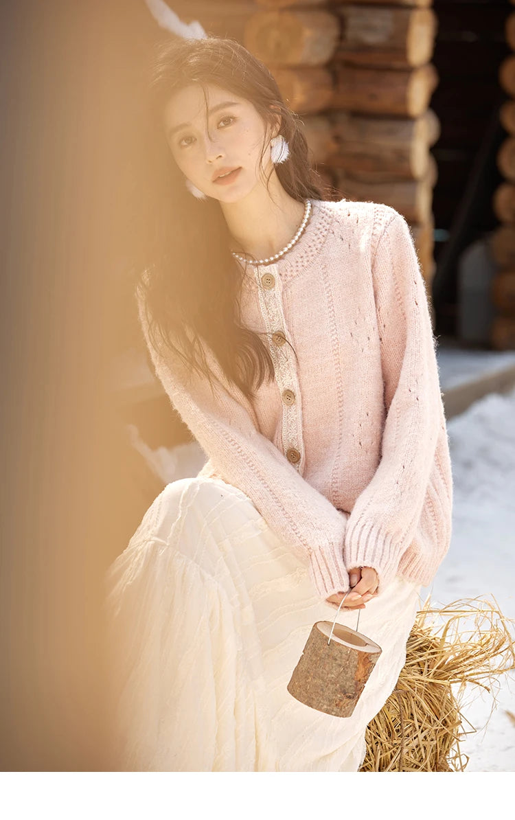 Women's Pink Wool Blend Cardigan Sweater MXD56Z1064