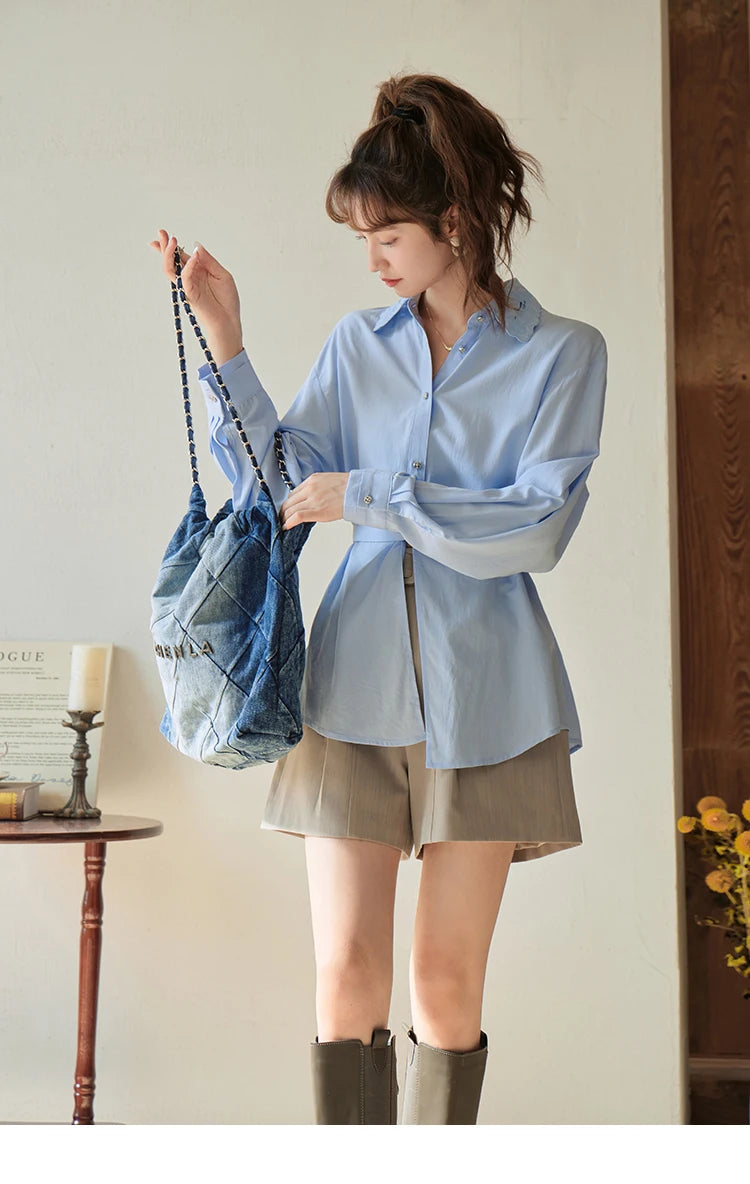 MISHOW Casual Loose Shirt Embroidery Hollowed Out Turn-Down Collar MXC41C0077