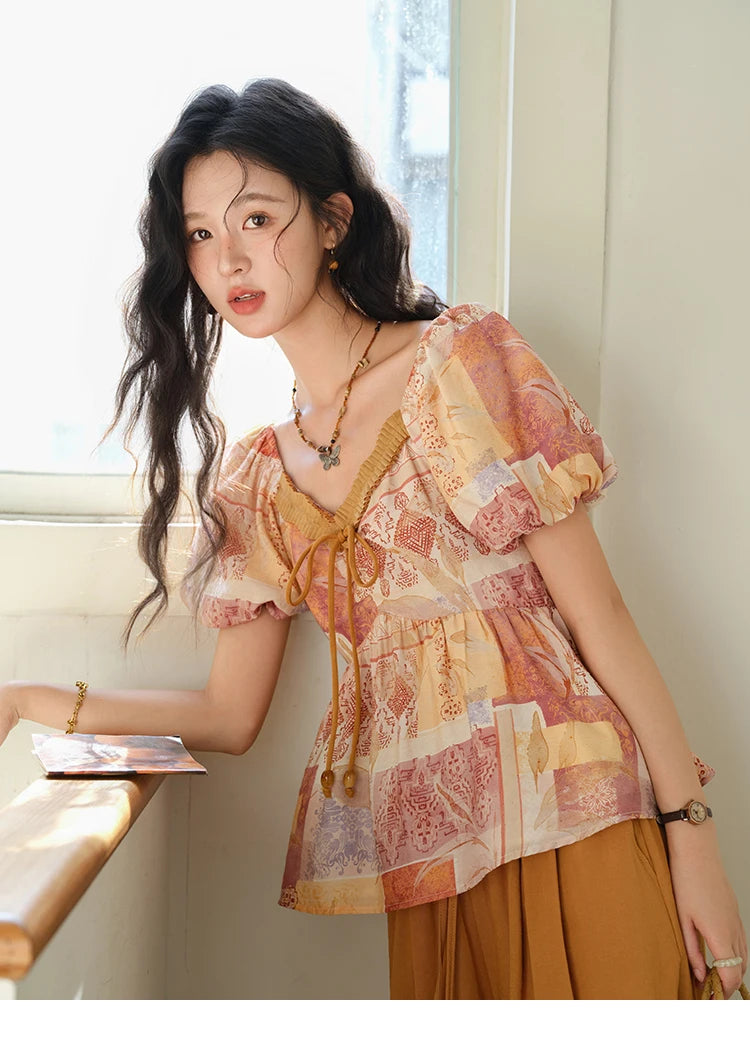 MISHOW V-Neck Lace Up Patchwork Blouse Puff Sleeve Floral Print MXE38X1911