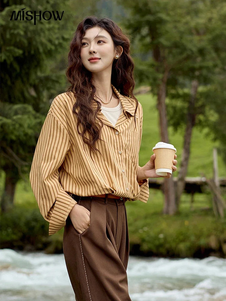 MISHOW Loose Lapel Stripe Fake Two Piece Shirt Asymmetric Pocket MXD43C0303