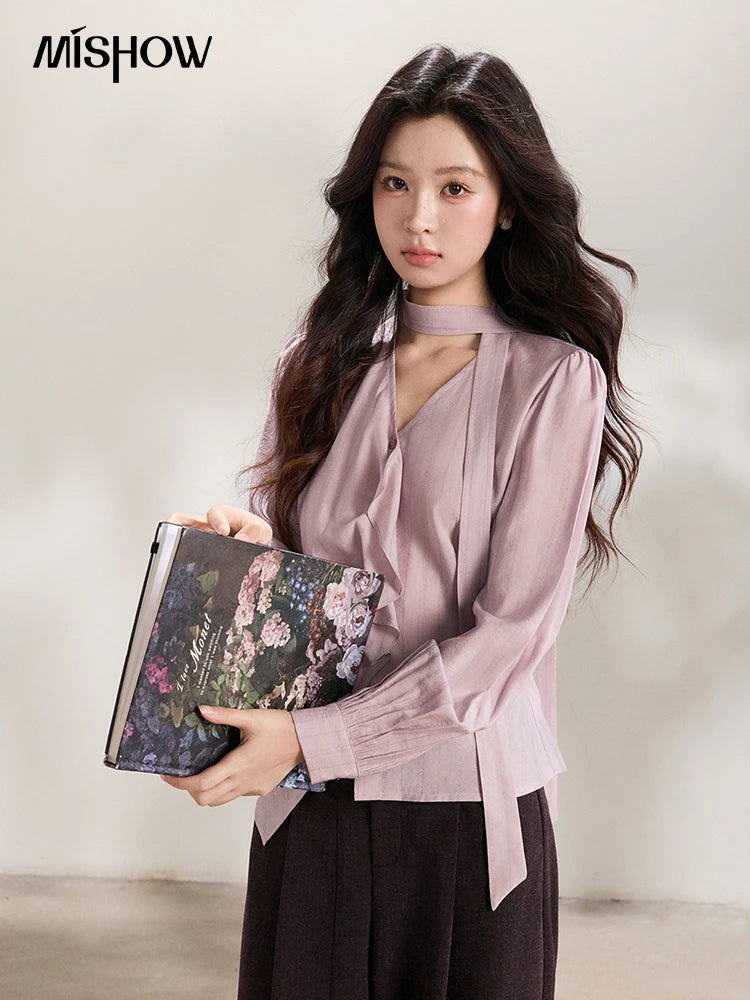 MISHOW Women's Purple Ribbon V-Neck Ruffled Shirt MXF13X2527