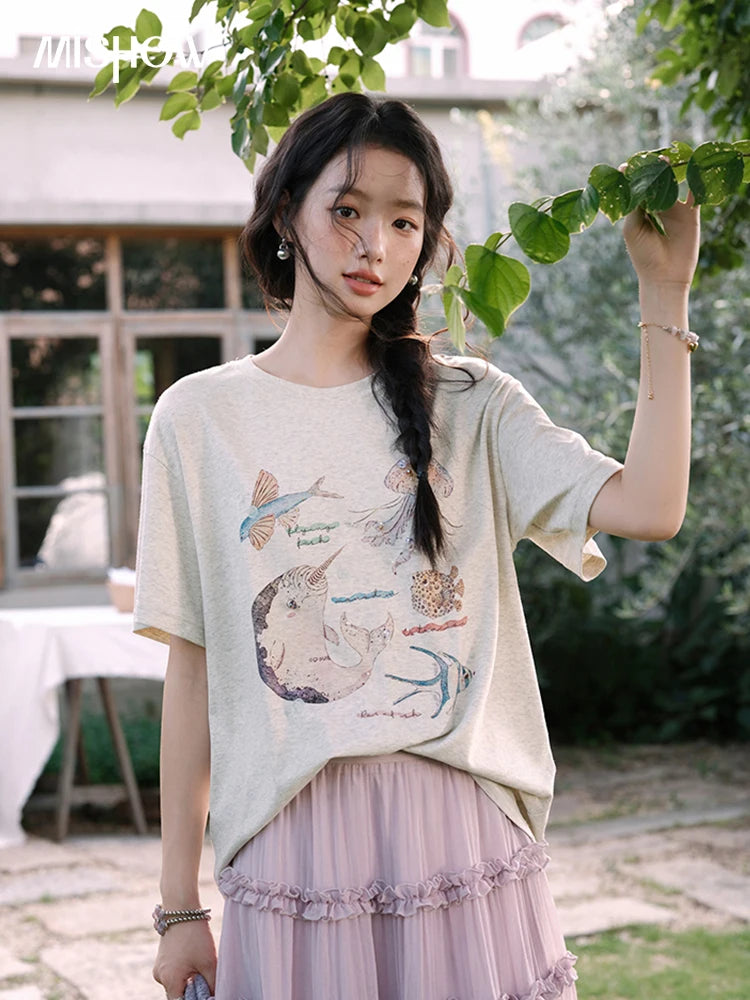 Mishow Cartoon Print Loose Cotton Tee MXE36T0575
