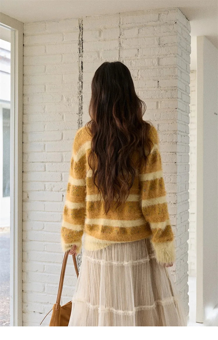 Mishow Retro Yellow Striped Faux Mink Jacquard Sweater MXE87Z2766