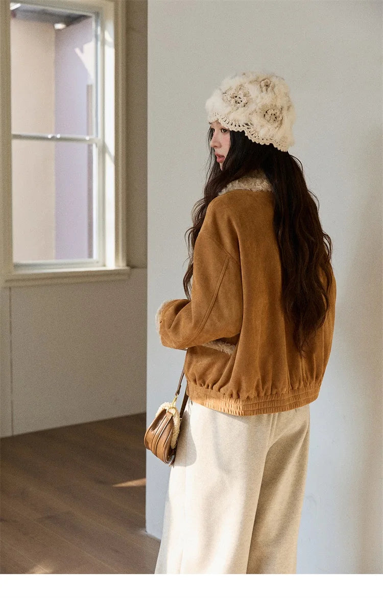 MISHOW Retro Brown Suede Jacket Patchwork Fur Turn Down Collar MXE89W0895