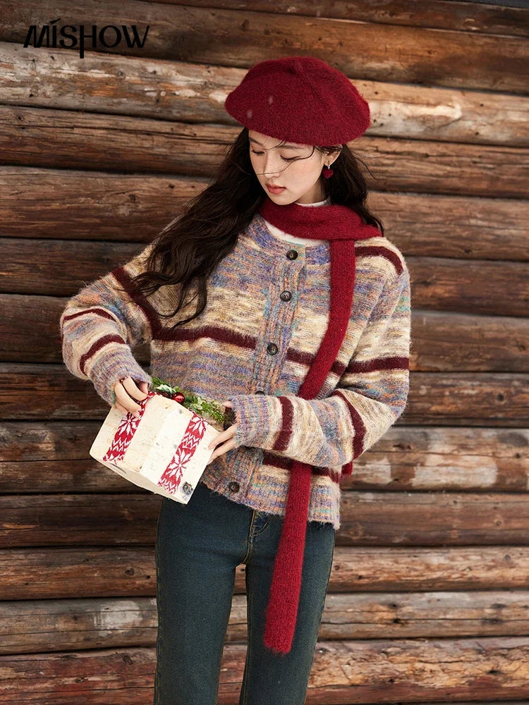 Mishow Striped Contrast Color O-Neck Cardigan MXD59Z1061