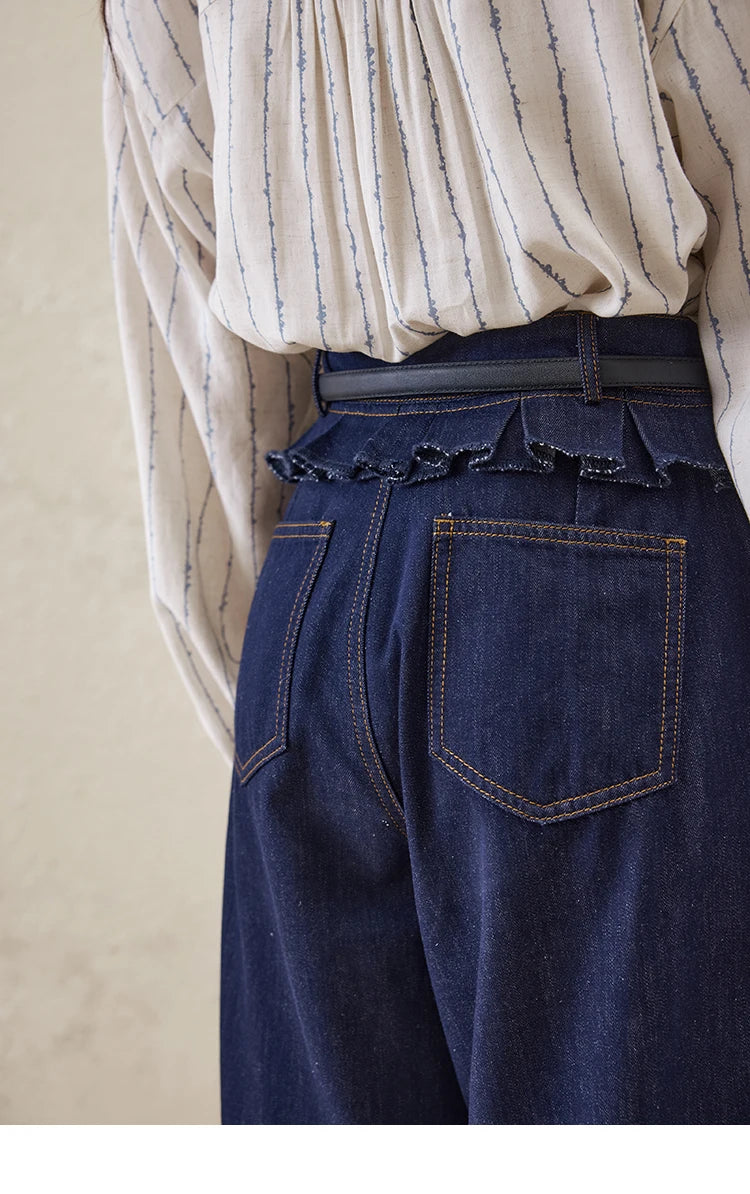 Mishow Stitching Ruffle High Waist Wide Leg Jeans MXE16K0907