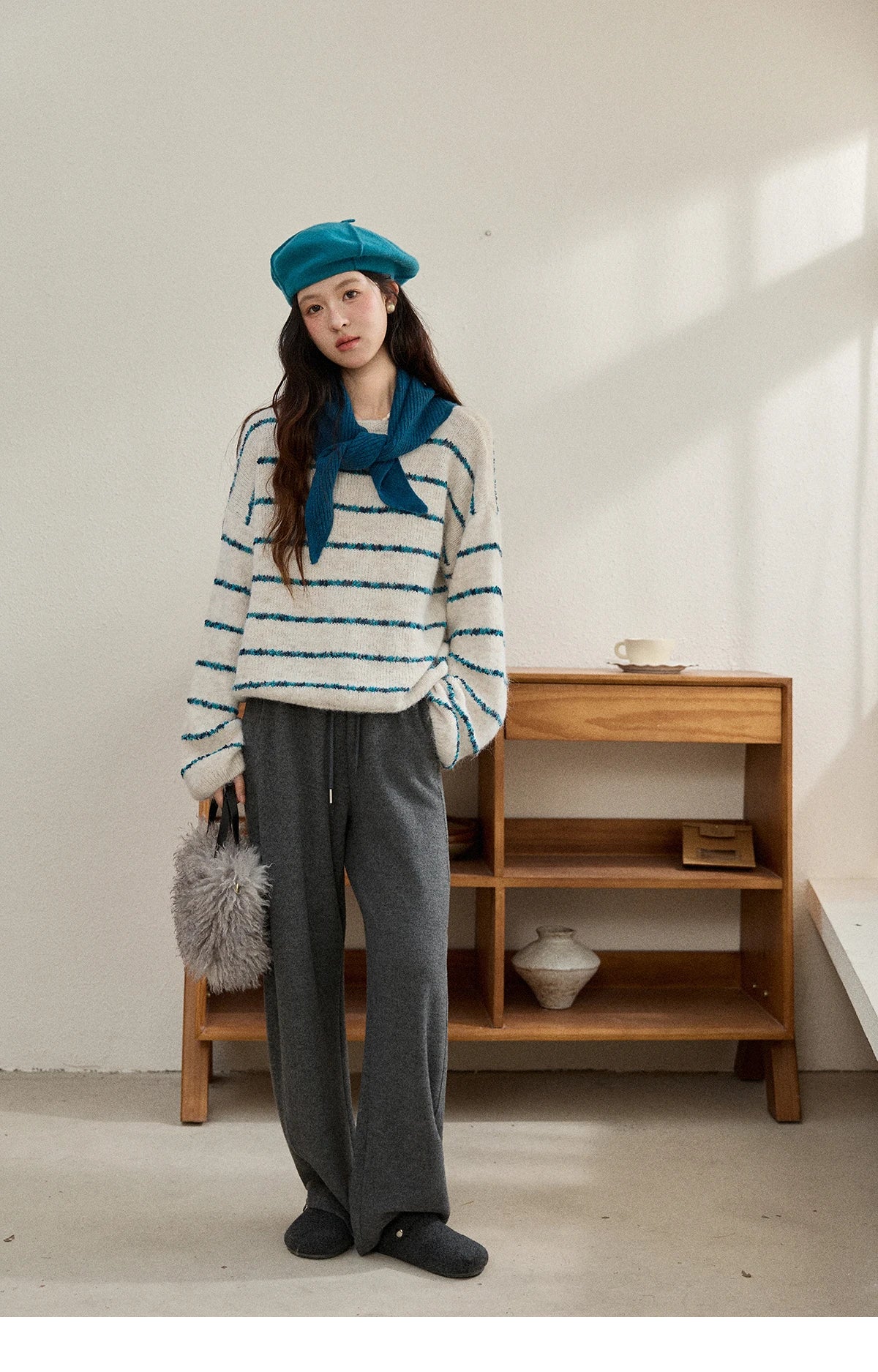 Mishow Blue Striped Alpaca Wool Sweater with Scarf Set MXE90Z2821